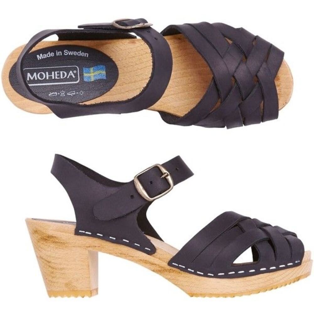 MOHEDA Swedish Wooden Clog Nubuck Leather Sandal Heel - BLACK - 41
